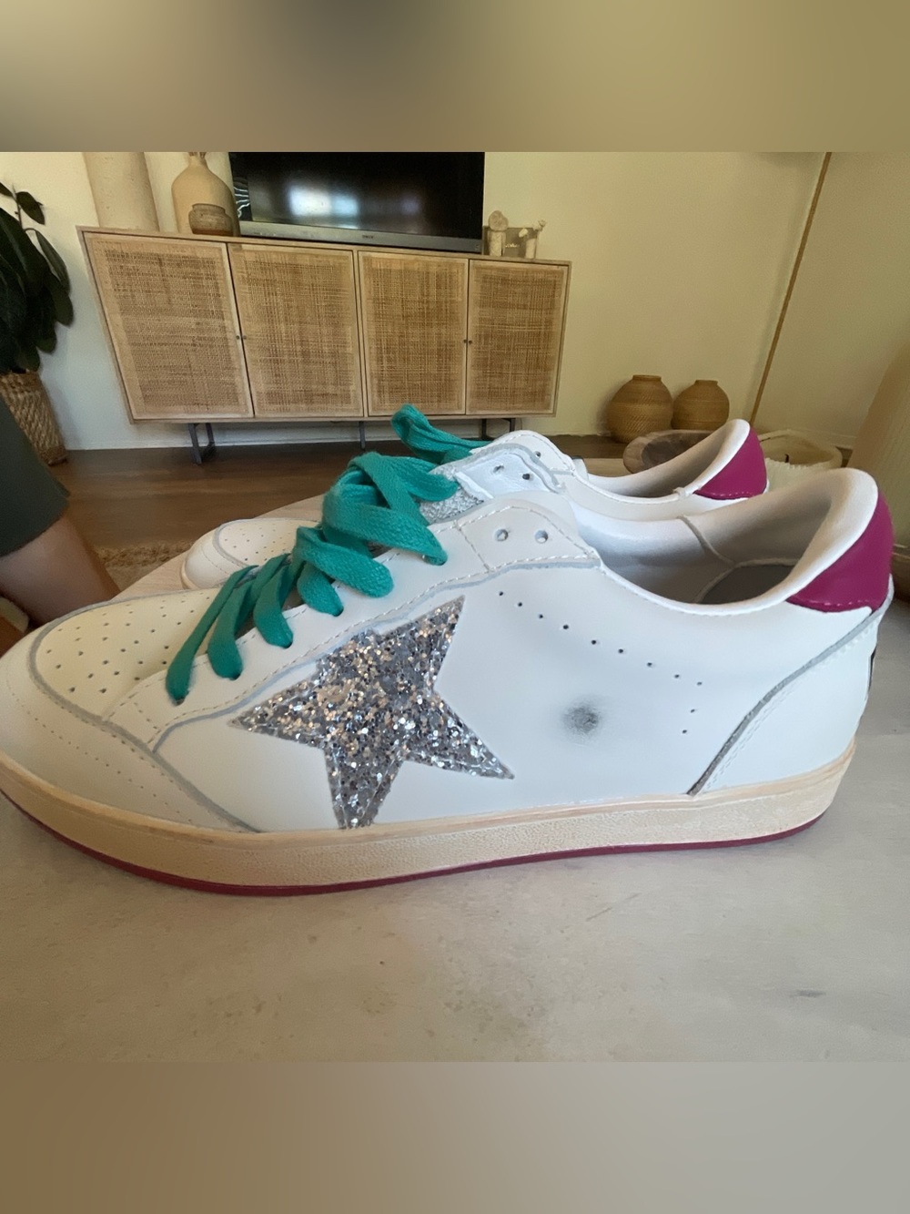White Leather Sneakers with Silver Glitter Star and Pink Heel Accent